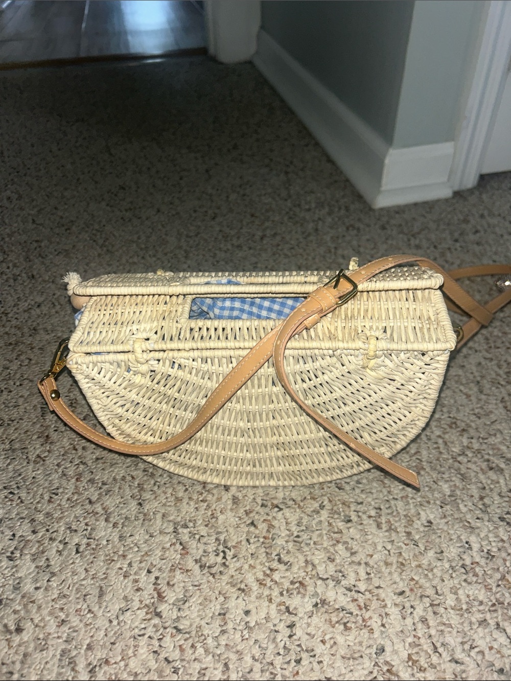 Woven Straw Crossbody Bag with Tan Strap - Natural